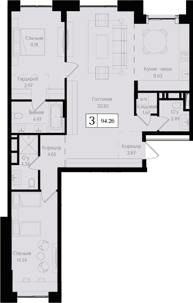 3-комнатная квартира (евро) без отделки, 95.9 м2, 3 этаж, сдача 3 квартал 2024 г., ЖК Преображенская площадь, корпус 2 - объявление 2266093 - фото №1