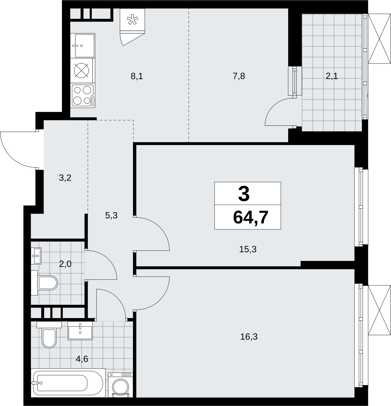 3-комнатная квартира (евро) без отделки, 64.7 м2, 6 этаж, сдача 4 квартал 2026 г., ЖК Скандинавия, корпус 2.18.1.1 - объявление 2350594 - фото №1