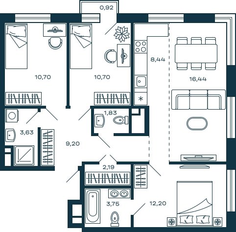 3-комнатная квартира без отделки, 79.36 м2, 18 этаж, сдача 3 квартал 2025 г., ЖК М_5, корпус 2 - объявление 2022021 - фото №1