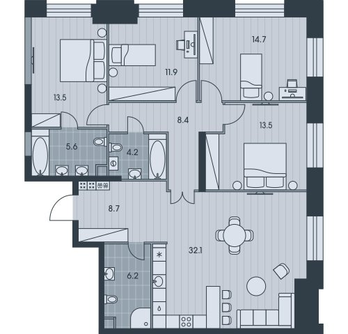 5-комнатная квартира (евро) без отделки, 118.8 м2, 29 этаж, сдача 3 квартал 2025 г., ЖК EVER, корпус 5 - объявление 2331873 - фото №1