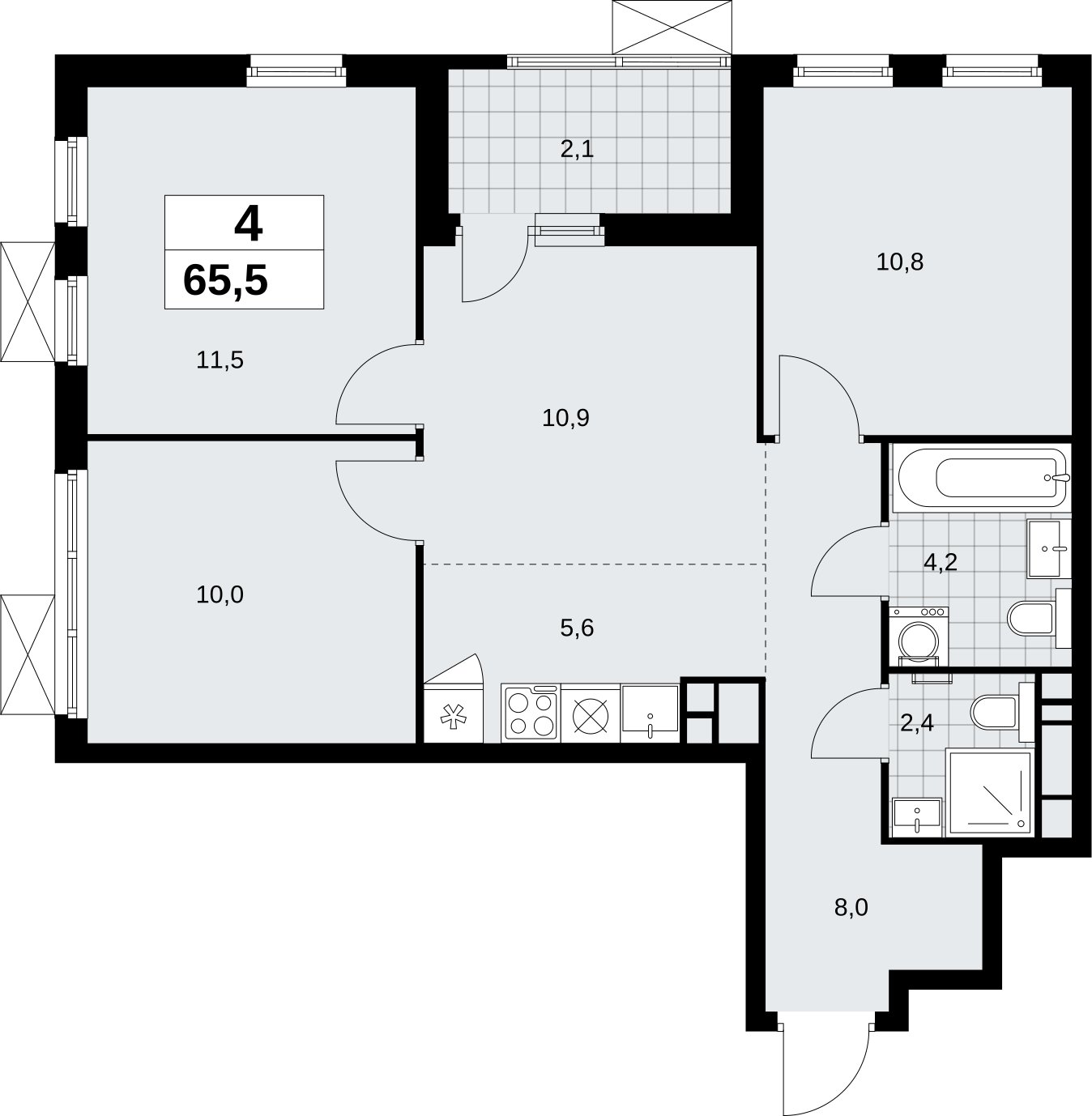 4-комнатная квартира (евро) без отделки, 65.5 м2, 13 этаж, сдача 4 квартал 2026 г., ЖК Скандинавия, корпус 2.18.1.2 - объявление 2350729 - фото №1