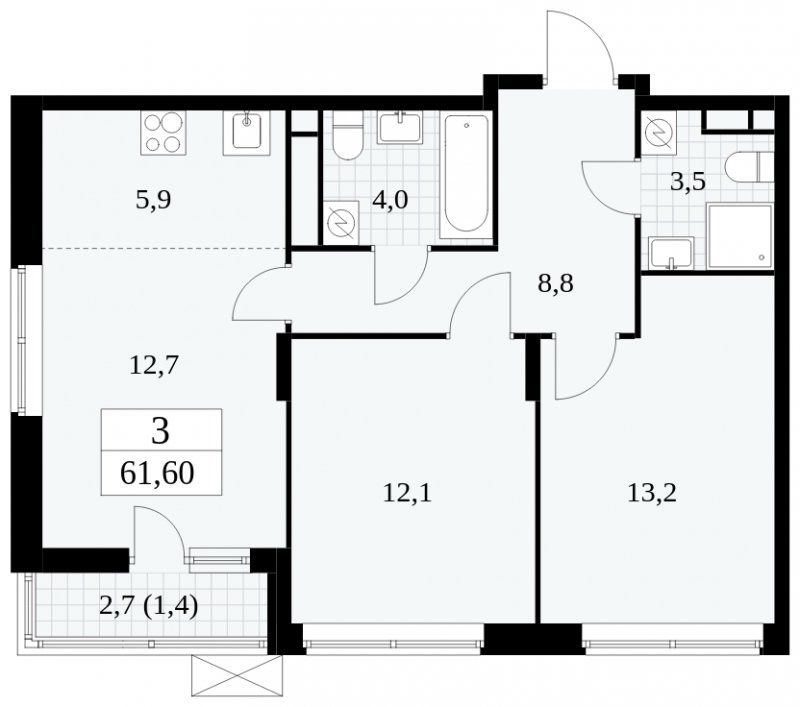 3-комнатная квартира (евро) без отделки, 61.6 м2, 10 этаж, сдача 1 квартал 2025 г., ЖК Прокшино, корпус 5.1.4 - объявление 1811118 - фото №1