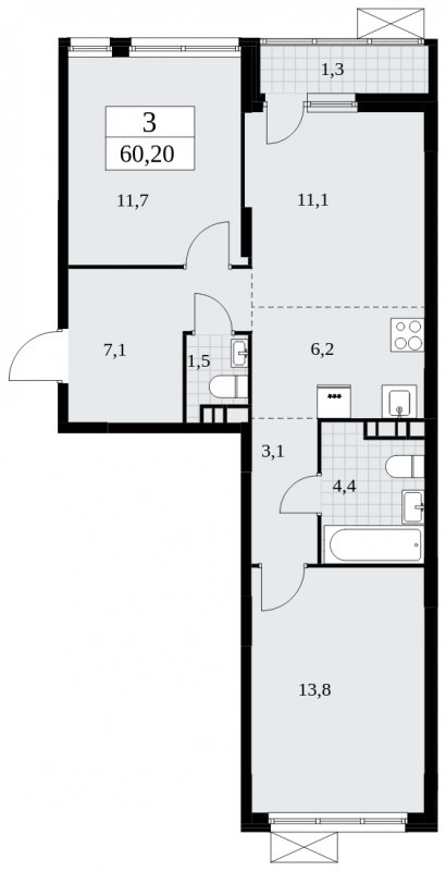 3-комнатная квартира (евро) без отделки, 60.2 м2, 3 этаж, сдача 4 квартал 2024 г., ЖК Скандинавия, корпус 35.2.2 - объявление 1841080 - фото №1