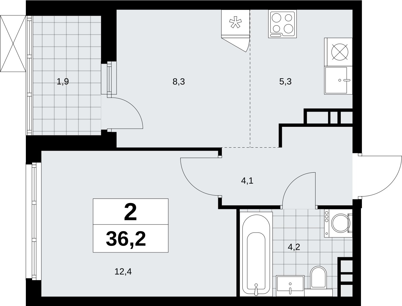 2-комнатная квартира (евро) без отделки, 36.2 м2, 4 этаж, сдача 4 квартал 2026 г., ЖК Скандинавия, корпус 2.18.1.2 - объявление 2350638 - фото №1