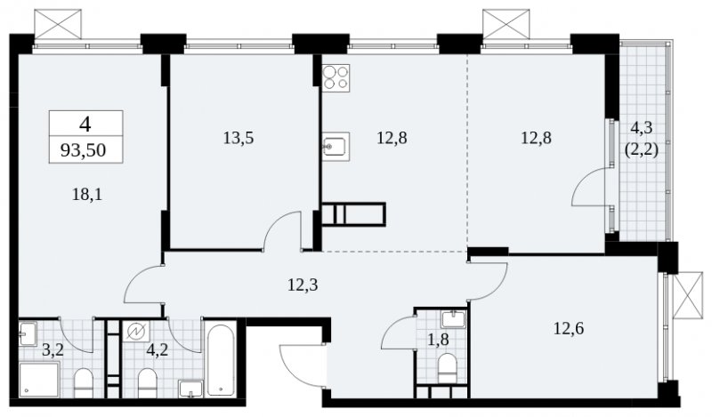 4-комнатная квартира (евро) без отделки, 93.5 м2, 14 этаж, сдача 4 квартал 2024 г., ЖК Скандинавия, корпус 2.27.5 - объявление 1840832 - фото №1