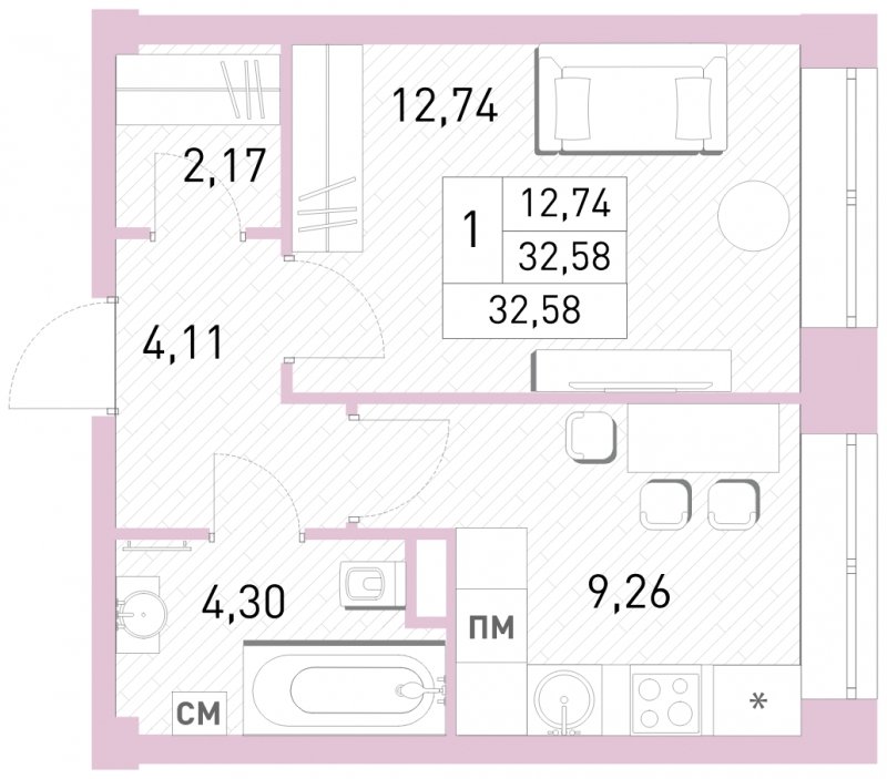 1-комнатная квартира с полной отделкой, 32.58 м2, 2 этаж, сдача 2 квартал 2023 г., ЖК Столичный, корпус 24 - объявление 1651036 - фото №1