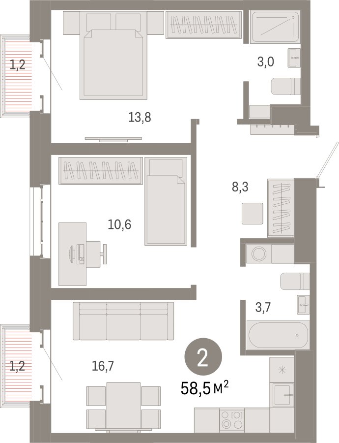 2-комнатная квартира с частичной отделкой, 58.5 м2, 18 этаж, сдача 3 квартал 2026 г., ЖК Квартал Метроном, корпус 1 - объявление 2358135 - фото №1