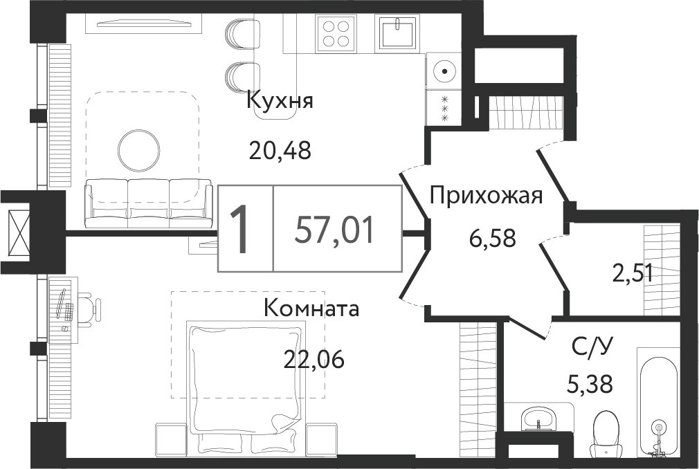 1-комнатная квартира без отделки, 57.01 м2, 14 этаж, сдача 3 квартал 2023 г., ЖК Dream Towers, корпус 2 - объявление 2261254 - фото №1