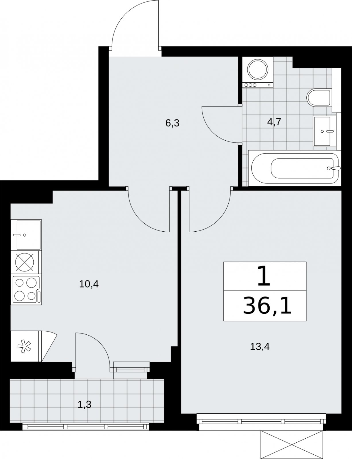 1-комнатная квартира без отделки, 36.1 м2, 3 этаж, сдача 2 квартал 2026 г., ЖК Бунинские кварталы, корпус 7.3 - объявление 2313940 - фото №1