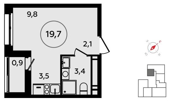 Студия без отделки, 19.7 м2, 14 этаж, сдача 3 квартал 2023 г., ЖК Прокшино, корпус 4.6 - объявление 1498685 - фото №1