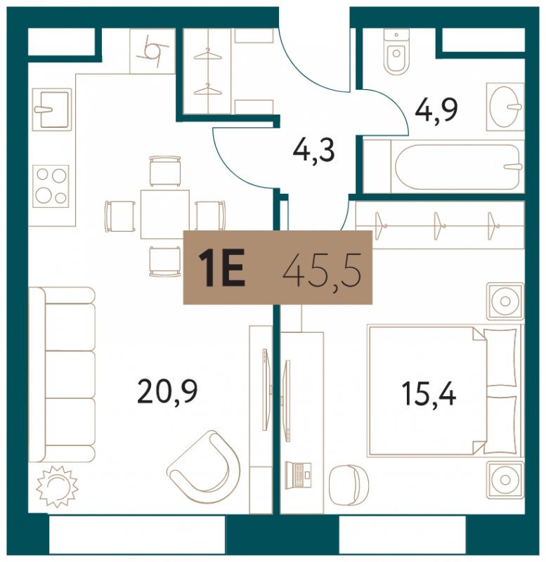 1-комнатная квартира 45.5 м2, 7 этаж, сдача 4 квартал 2022 г., ЖК Настоящее, корпус 3 - объявление 1904554 - фото №1