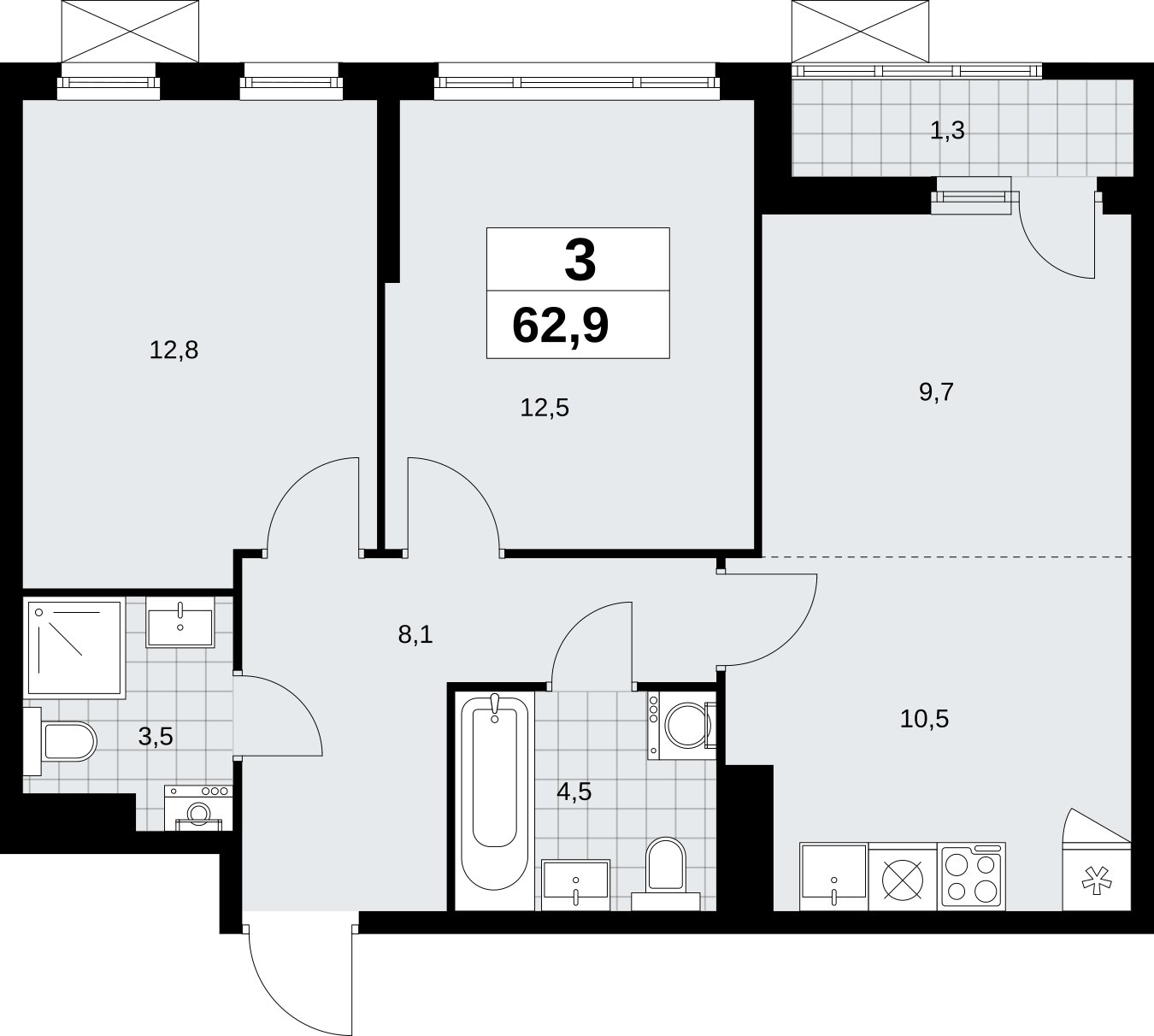 3-комнатная квартира (евро) без отделки, 62.9 м2, 10 этаж, сдача 2 квартал 2026 г., ЖК Дзен-кварталы, корпус 6.1.1 - объявление 2327120 - фото №1