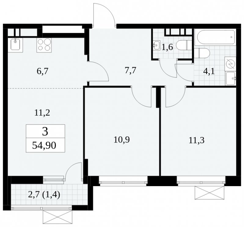 3-комнатная квартира (евро) с частичной отделкой, 54.9 м2, 15 этаж, сдача 2 квартал 2025 г., ЖК Прокшино, корпус 5.2.6 - объявление 1901137 - фото №1