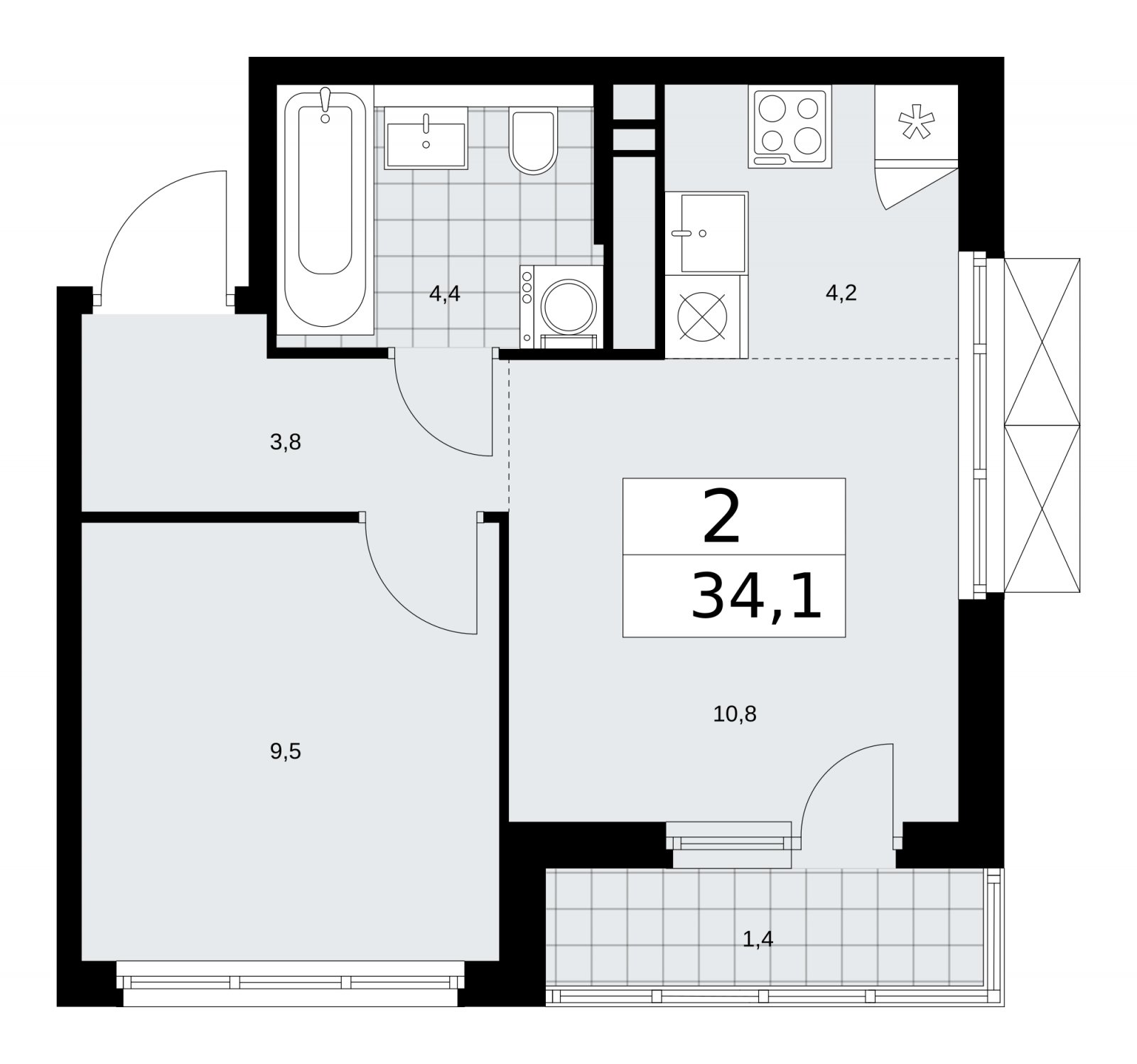 2-комнатная квартира (евро) с частичной отделкой, 34.1 м2, 13 этаж, сдача 2 квартал 2026 г., ЖК Прокшино, корпус 11.2.3 - объявление 2270624 - фото №1