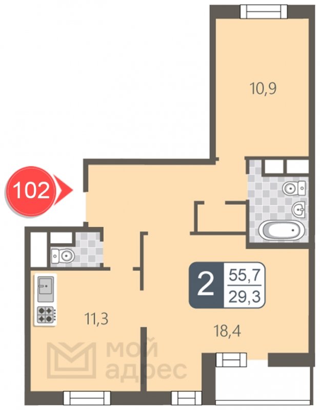 2-комнатная квартира с полной отделкой, 55.7 м2, 10 этаж, дом сдан, ЖК мой адрес В Зеленограде, корпус 2032 - объявление 1853433 - фото №1