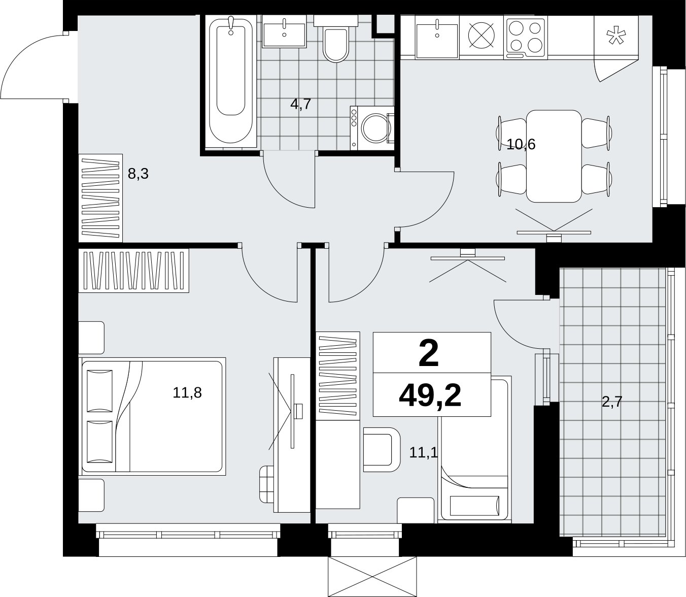 2-комнатная квартира без отделки, 49.2 м2, 2 этаж, сдача 4 квартал 2026 г., ЖК Скандинавия, корпус 2.18.2.6 - объявление 2351705 - фото №1