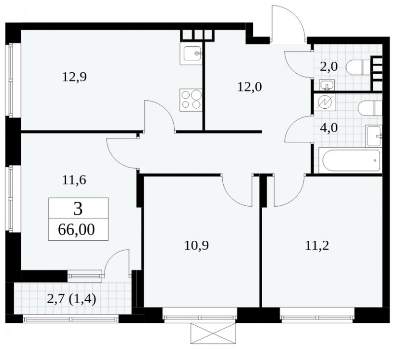 3-комнатная квартира с частичной отделкой, 66 м2, 3 этаж, сдача 2 квартал 2025 г., ЖК Прокшино, корпус 5.2.6 - объявление 1901007 - фото №1