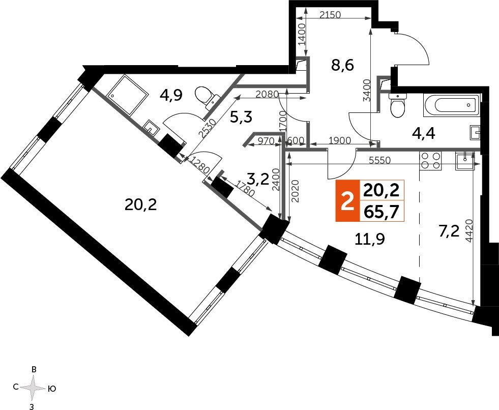 1-комнатная квартира с частичной отделкой, 65.7 м2, 19 этаж, сдача 3 квартал 2024 г., ЖК Sydney City, корпус 2.2 - объявление 2207361 - фото №1