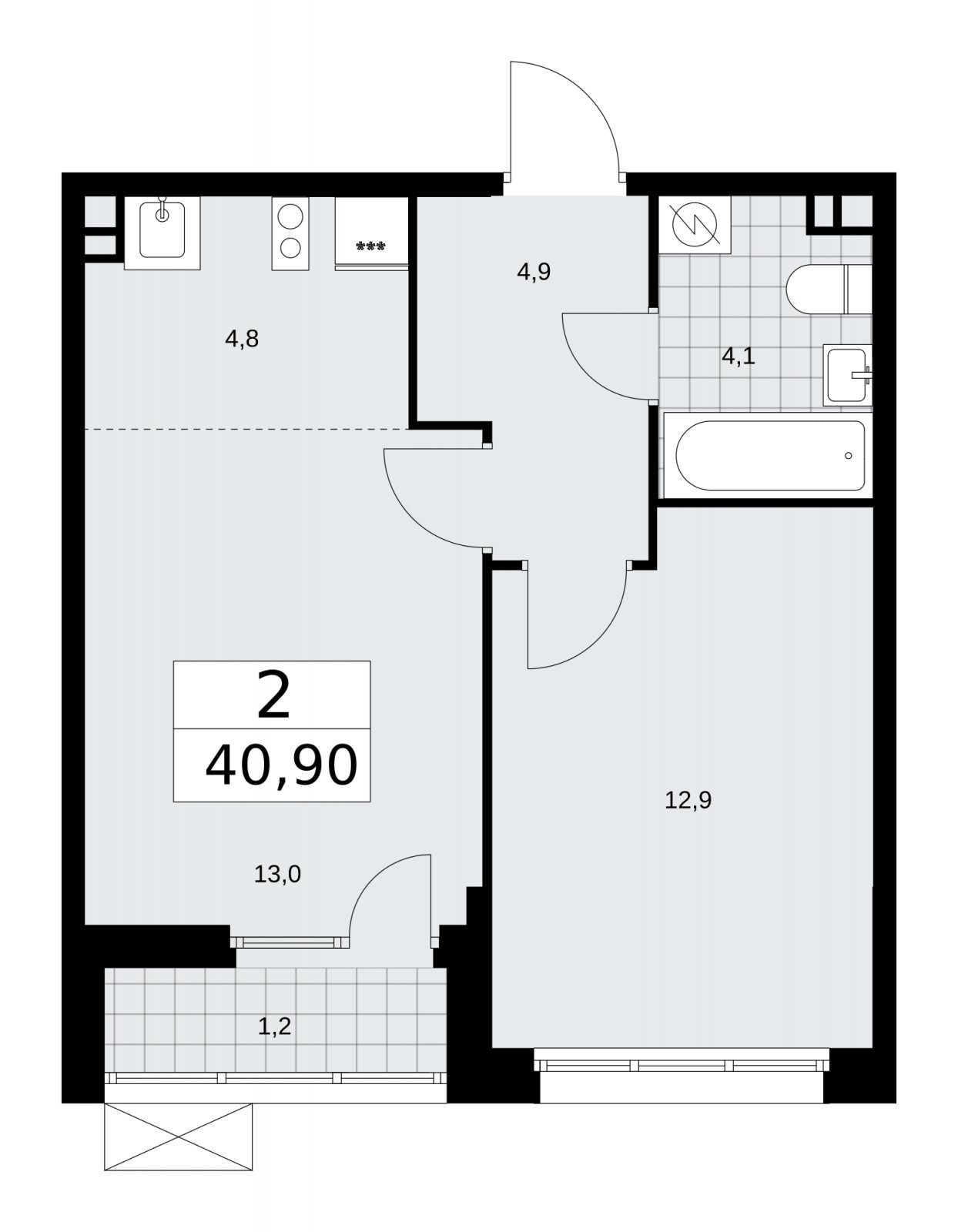 2-комнатная квартира (евро) с частичной отделкой, 40.9 м2, 3 этаж, сдача 4 квартал 2025 г., ЖК Бунинские кварталы, корпус 3.4 - объявление 2152041 - фото №1