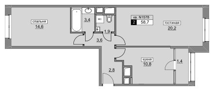 2-комнатная квартира без отделки, 58.7 м2, 4 этаж, сдача 4 квартал 2022 г., ЖК Румянцево-Парк, корпус 3 - объявление 1187320 - фото №1