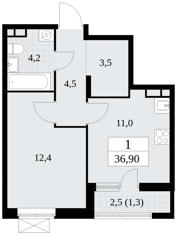 1-комнатная квартира без отделки, 36.9 м2, 11 этаж, сдача 1 квартал 2025 г., ЖК Прокшино, корпус 5.1.3 - объявление 1810774 - фото №1