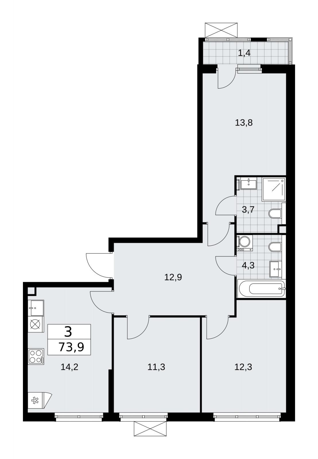 3-комнатная квартира без отделки, 73.9 м2, 2 этаж, сдача 1 квартал 2026 г., ЖК Прокшино, корпус 11.2.1 - объявление 2269837 - фото №1