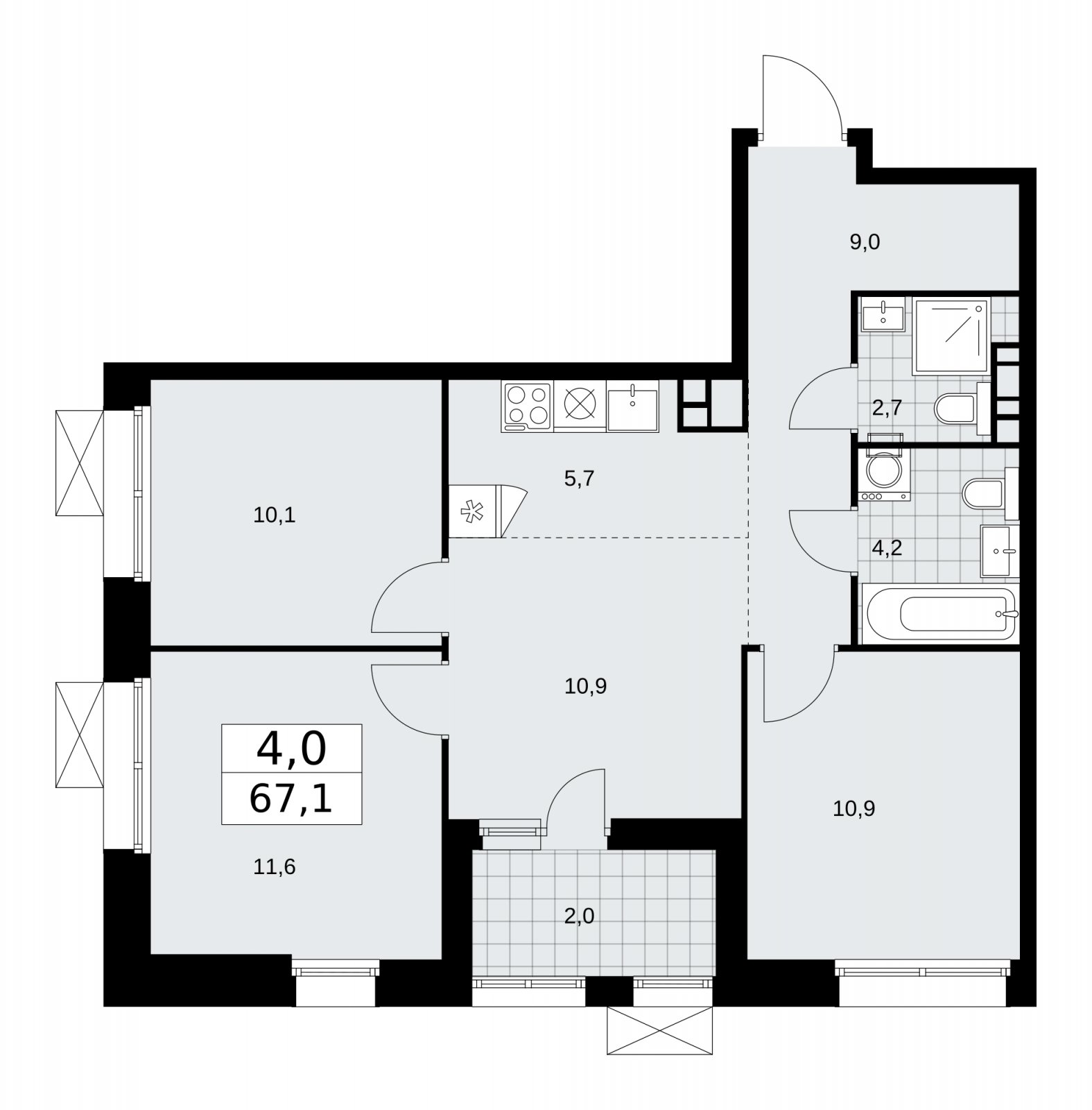 4-комнатная квартира (евро) с частичной отделкой, 67.1 м2, 14 этаж, сдача 1 квартал 2026 г., ЖК Бунинские кварталы, корпус 6.1 - объявление 2252470 - фото №1