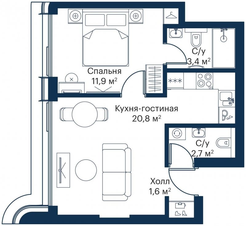 1-комнатная квартира с частичной отделкой, 40.4 м2, 35 этаж, сдача 4 квартал 2023 г., ЖК City Bay, корпус Atlantic Ocean 1 - объявление 1645340 - фото №1