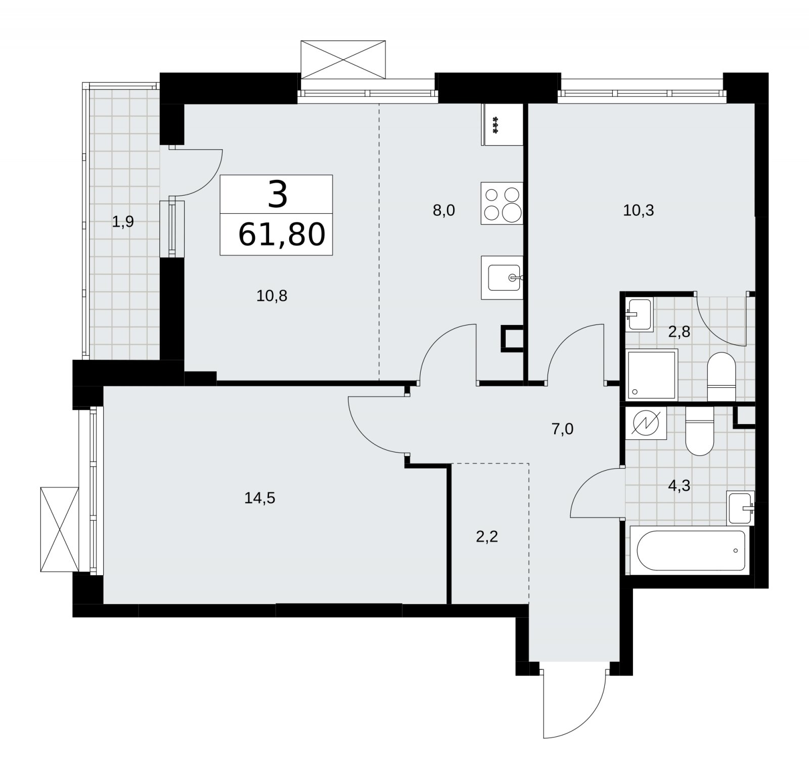 3-комнатная квартира (евро) без отделки, 61.8 м2, 2 этаж, сдача 3 квартал 2025 г., ЖК Скандинавия, корпус 28.2 - объявление 2202311 - фото №1