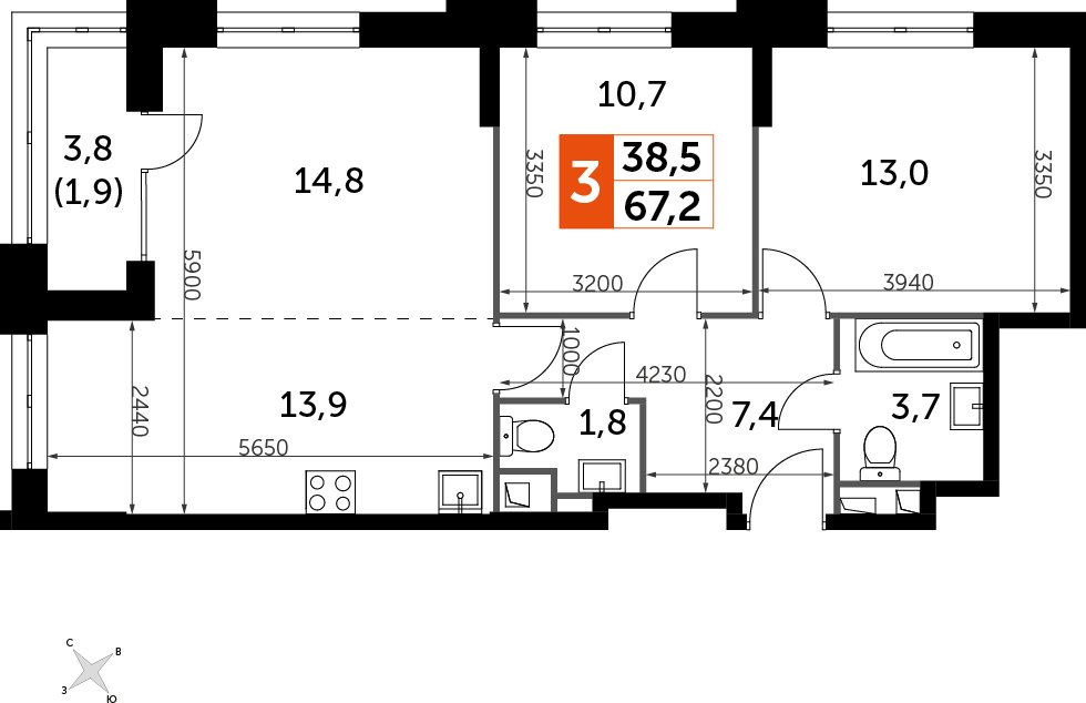 3-комнатная квартира с полной отделкой, 67.2 м2, 2 этаж, дом сдан, ЖК Sydney City, корпус 1 - объявление 2425043 - фото №1