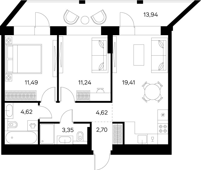 2-комнатная квартира без отделки, 64.41 м2, 9 этаж, сдача 4 квартал 2024 г., ЖК FØRST, корпус 1 - объявление 1974574 - фото №1