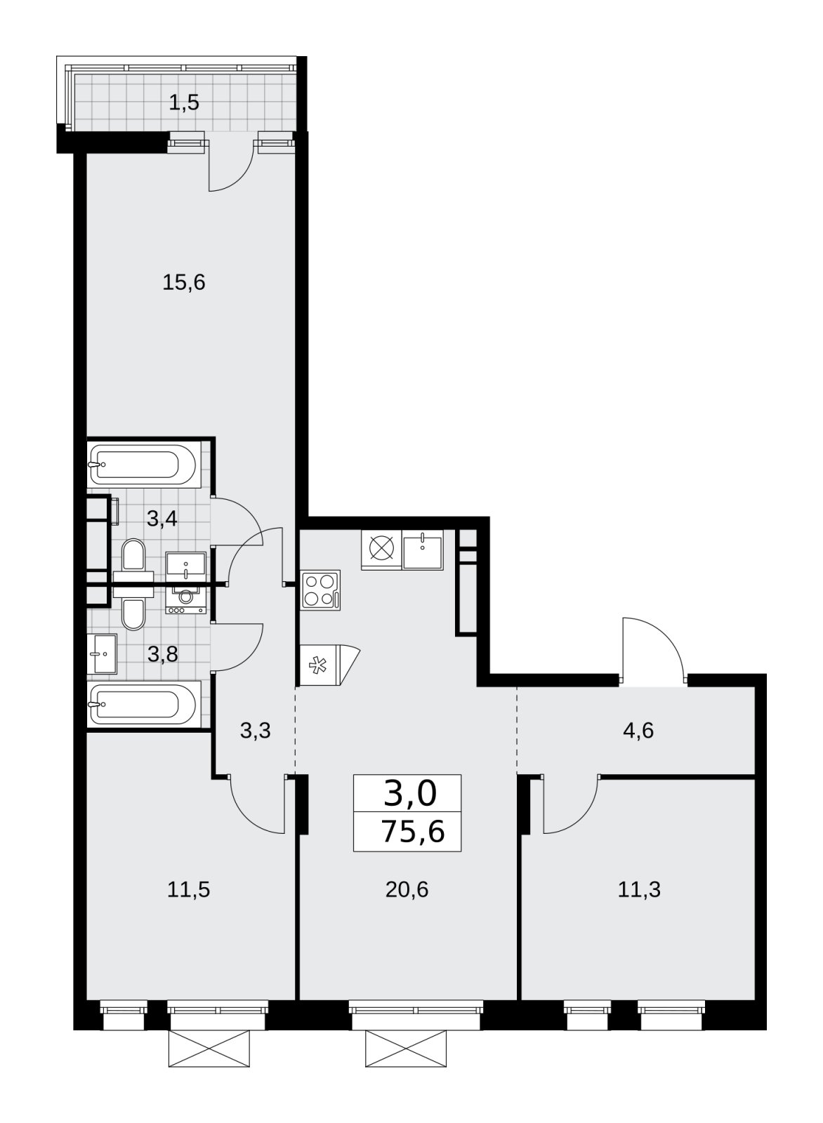 3-комнатная квартира без отделки, 75.6 м2, 15 этаж, сдача 1 квартал 2026 г., ЖК Прокшино, корпус 10.1.2 - объявление 2227223 - фото №1