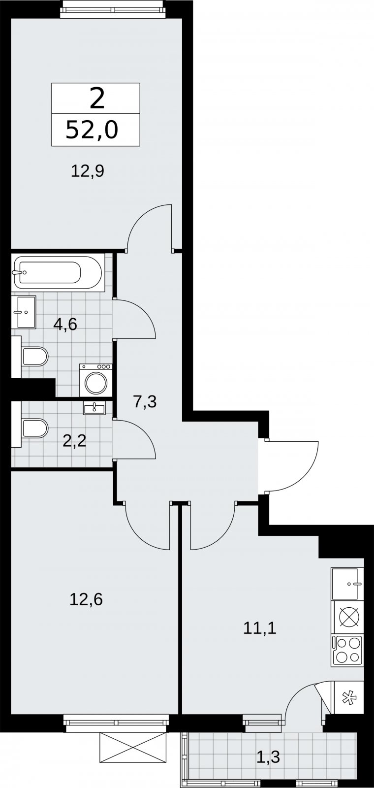 2-комнатная квартира без отделки, 52 м2, 5 этаж, сдача 2 квартал 2026 г., ЖК Бунинские кварталы, корпус 7.3 - объявление 2313765 - фото №1