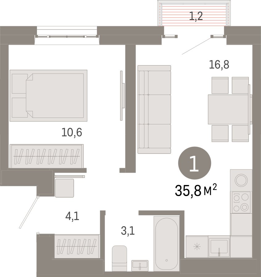 1-комнатная квартира 35.8 м2, 18 этаж, сдача 3 квартал 2026 г., ЖК Квартал Метроном, корпус 1 - объявление 2386364 - фото №1