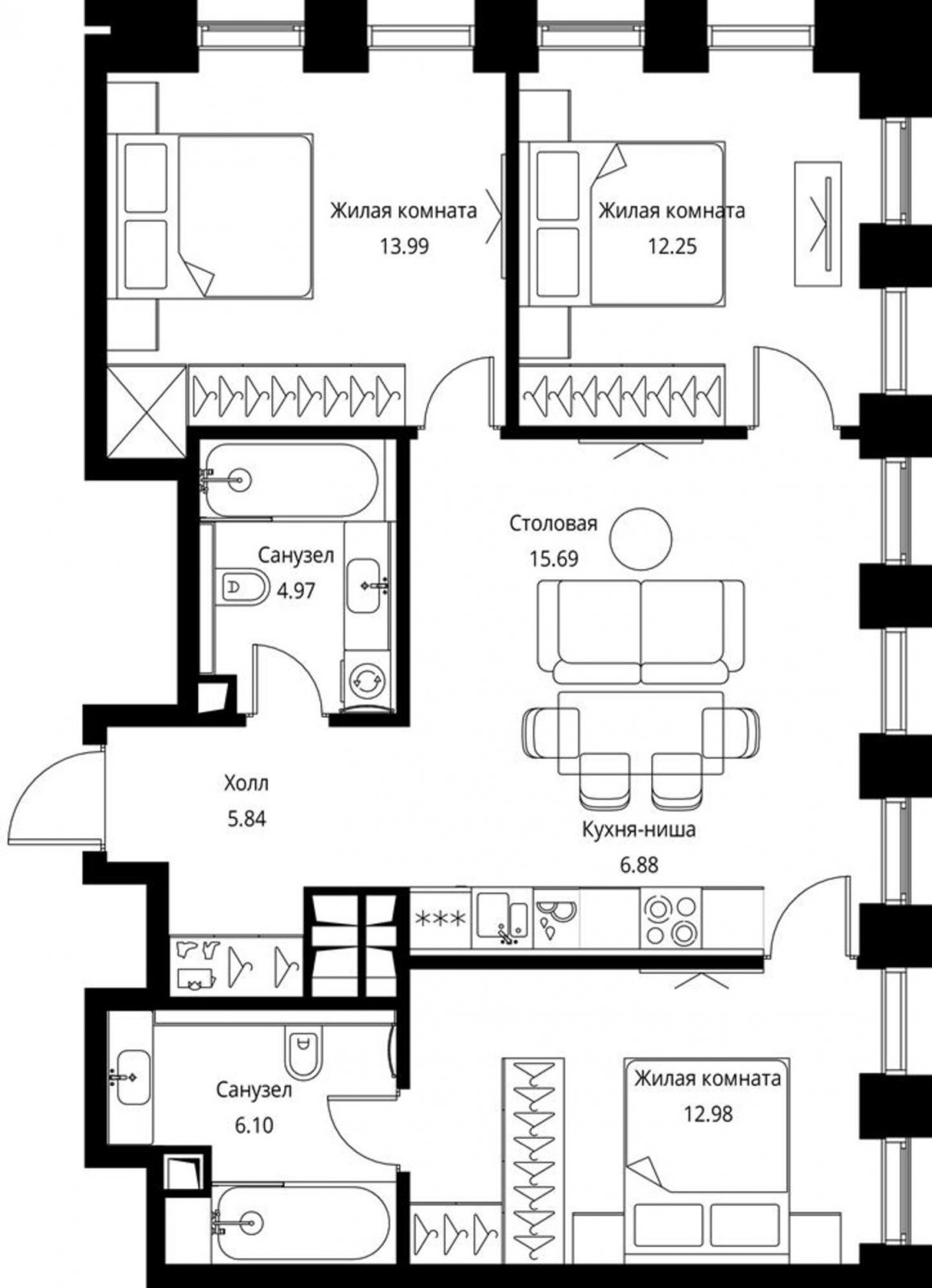 3-комнатная квартира с частичной отделкой, 78.7 м2, 23 этаж, сдача 3 квартал 2026 г., ЖК City Bay, корпус North Ocean 2 - объявление 2240627 - фото №1