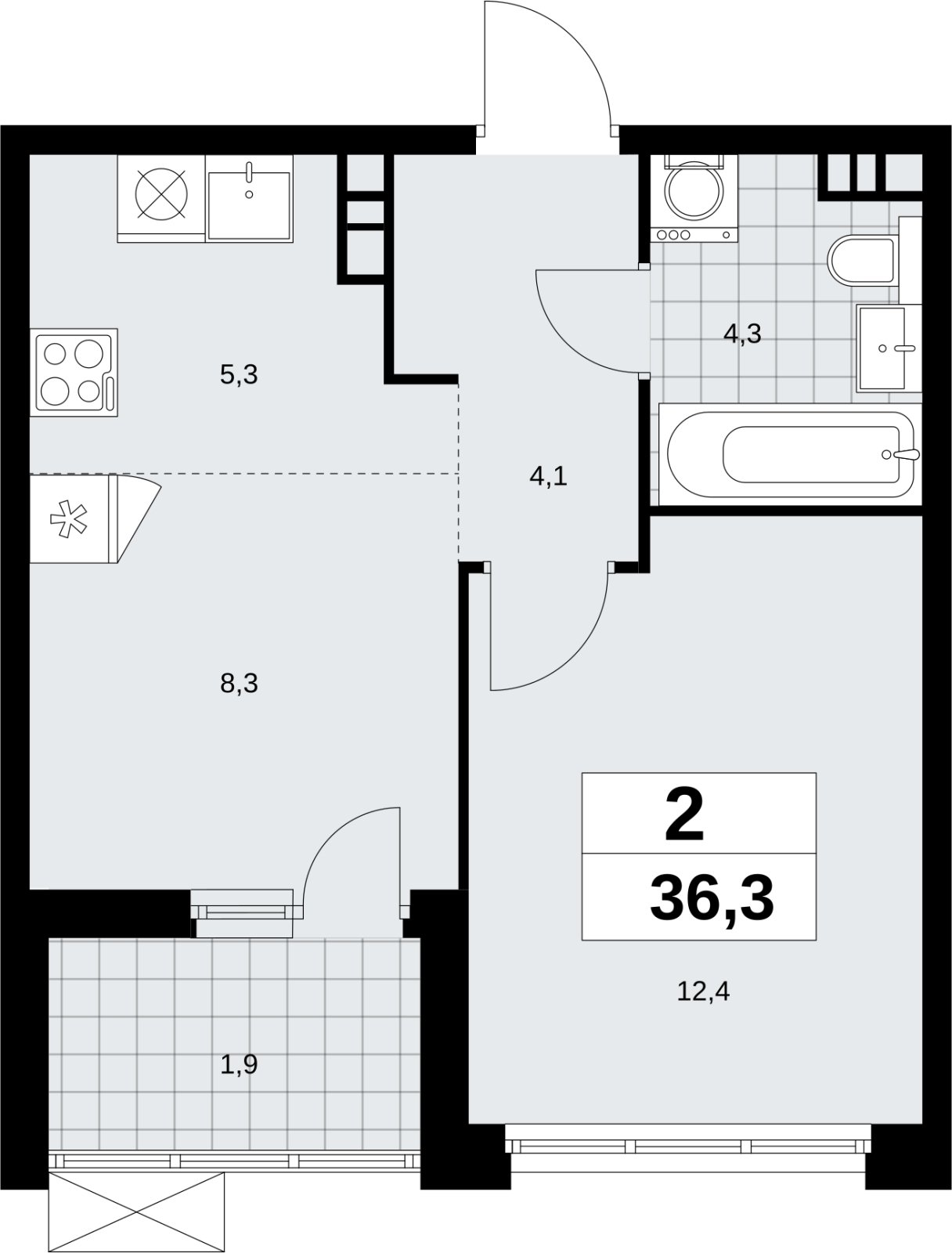 2-комнатная квартира (евро) без отделки, 36.3 м2, 5 этаж, сдача 4 квартал 2026 г., ЖК Скандинавия, корпус 2.18.1.3 - объявление 2350778 - фото №1