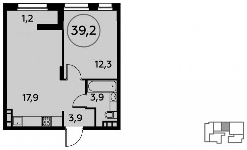 1-комнатная квартира без отделки, 39.2 м2, 16 этаж, сдача 1 квартал 2022 г., ЖК Скандинавия, корпус 7.2 - объявление 1222297 - фото №1