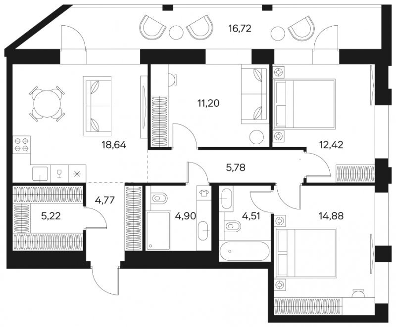 3-комнатная квартира без отделки, 90.23 м2, 6 этаж, сдача 4 квартал 2024 г., ЖК FØRST, корпус 1 - объявление 1942357 - фото №1