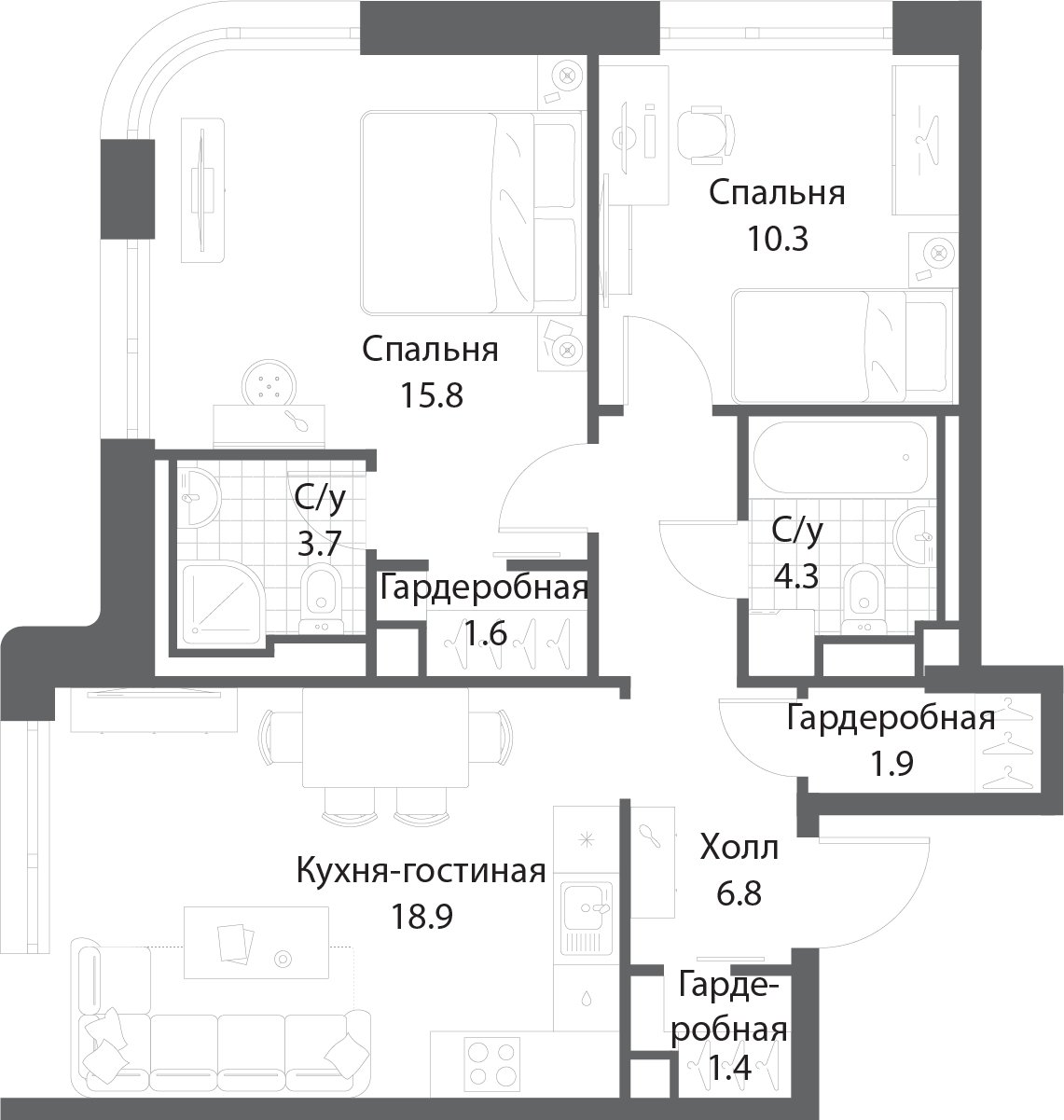 2-комнатная квартира без отделки, 64.4 м2, 7 этаж, сдача 3 квартал 2025 г., ЖК Nagatino i-Land, корпус 2 (3 очередь) - объявление 2073624 - фото №1