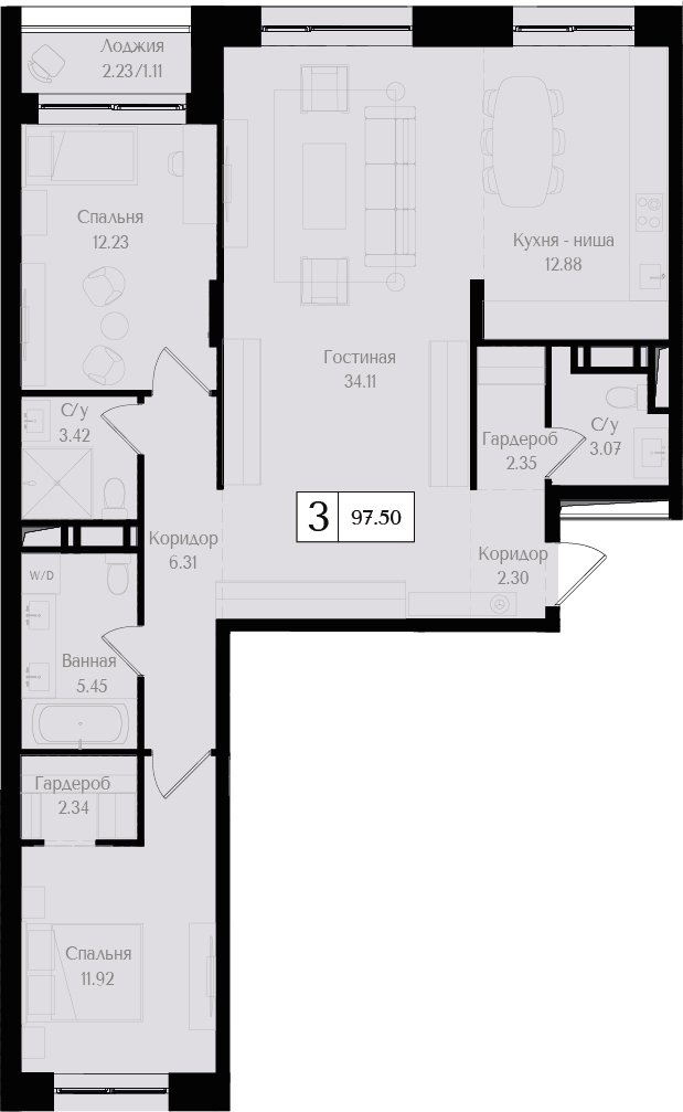 3-комнатная квартира (евро) без отделки, 98.2 м2, 11 этаж, сдача 3 квартал 2024 г., ЖК Преображенская площадь, корпус 2 - объявление 2266311 - фото №1