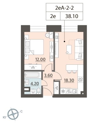 1-комнатная квартира без отделки, 38.1 м2, 2 этаж, сдача 4 квартал 2023 г., ЖК ЗИЛАРТ, корпус 15 - объявление 2025981 - фото №1