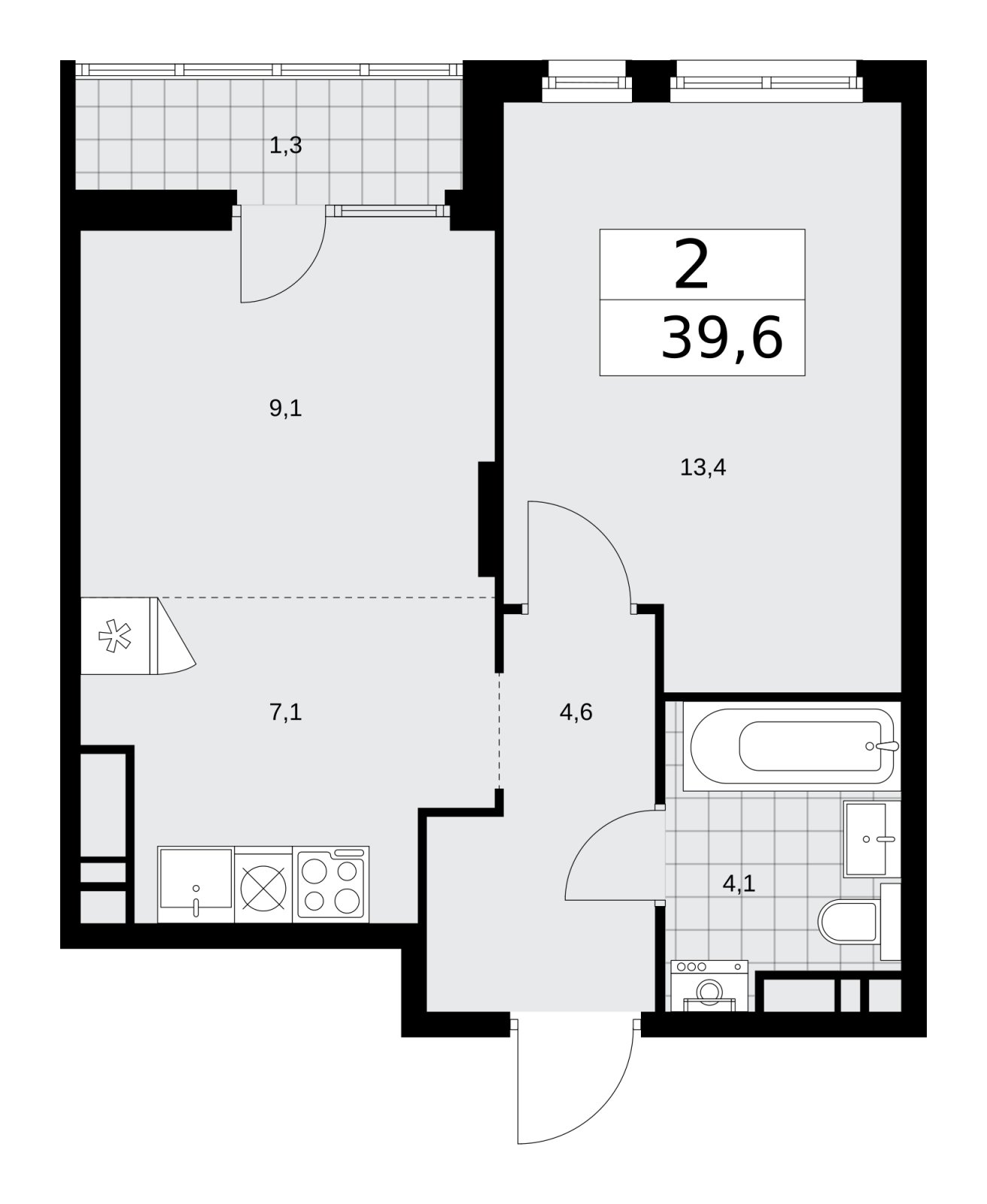 2-комнатная квартира (евро) с частичной отделкой, 39.6 м2, 14 этаж, сдача 2 квартал 2026 г., ЖК Деснаречье, корпус 4.5 - объявление 2264581 - фото №1