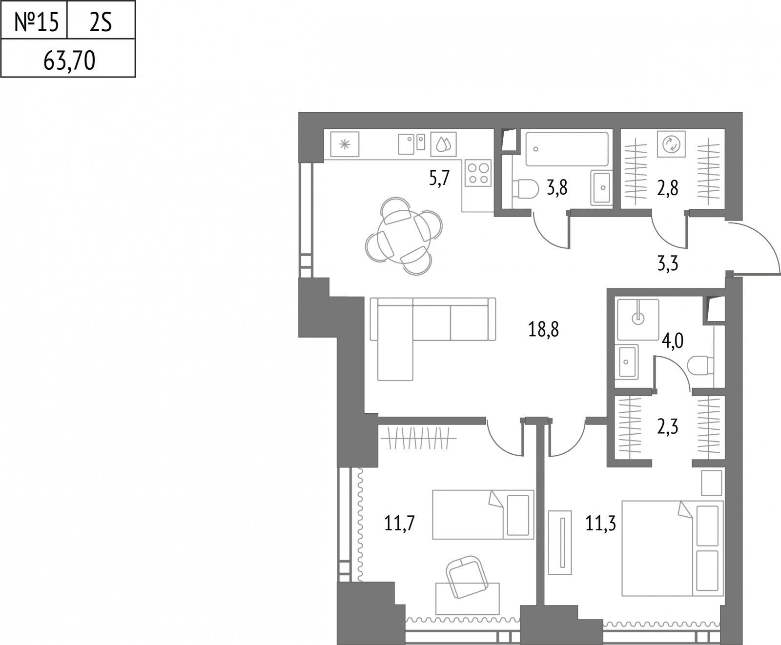 2-комнатная квартира без отделки, 63.2 м2, 16 этаж, сдача 2 квартал 2026 г., ЖК Upside Towers, корпус 1 - объявление 2133200 - фото №1