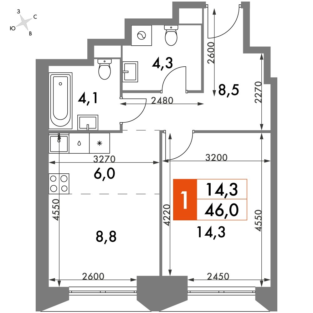 1-комнатная квартира с частичной отделкой, 46 м2, 35 этаж, дом сдан, ЖК Архитектор, корпус 3 - объявление 2332486 - фото №1