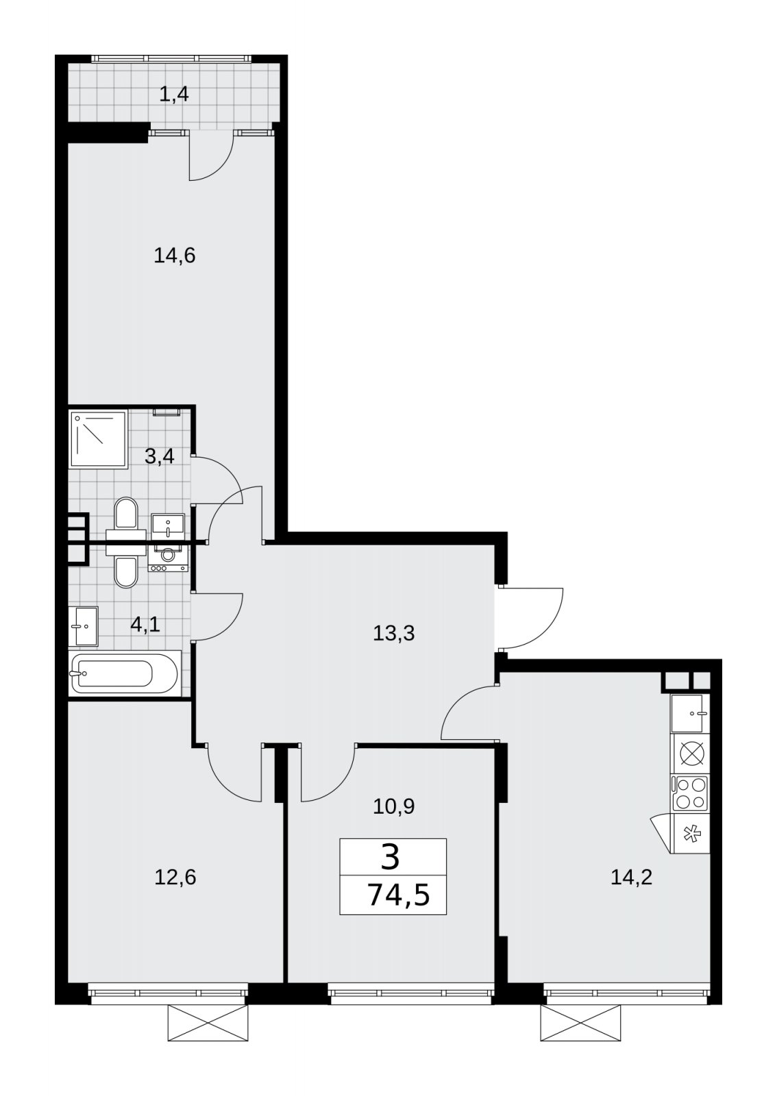 3-комнатная квартира без отделки, 74.5 м2, 5 этаж, сдача 1 квартал 2026 г., ЖК Деснаречье, корпус 4.2 - объявление 2263623 - фото №1