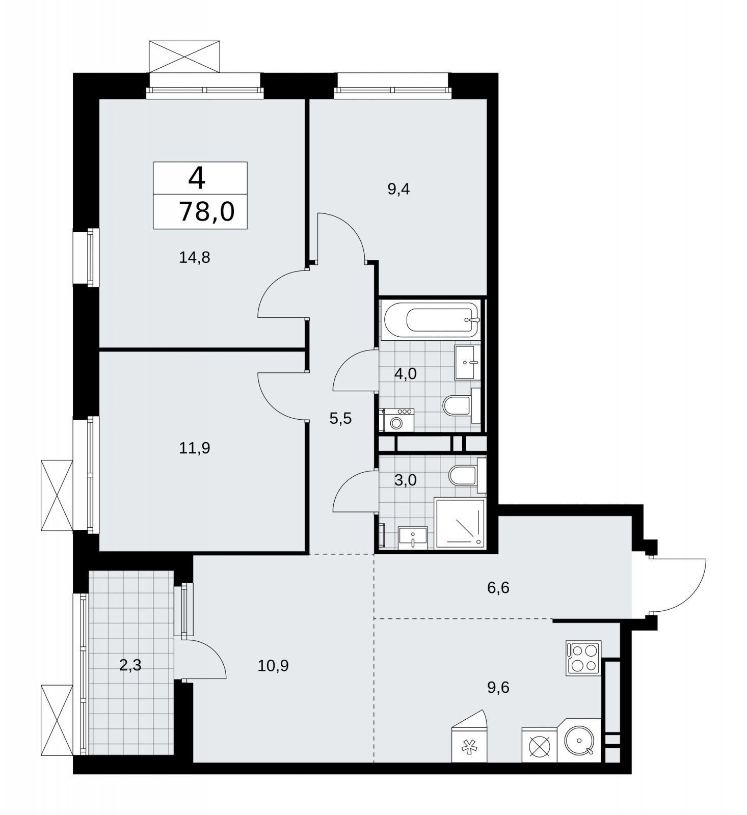 4-комнатная квартира (евро) с частичной отделкой, 78 м2, 15 этаж, сдача 2 квартал 2026 г., ЖК Скандинавия, корпус 25.2 - объявление 2283590 - фото №1