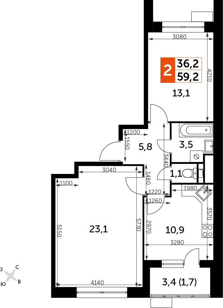 2-комнатная квартира без отделки, 59.2 м2, 8 этаж, дом сдан, ЖК Датский квартал, корпус 2 - объявление 2406161 - фото №1