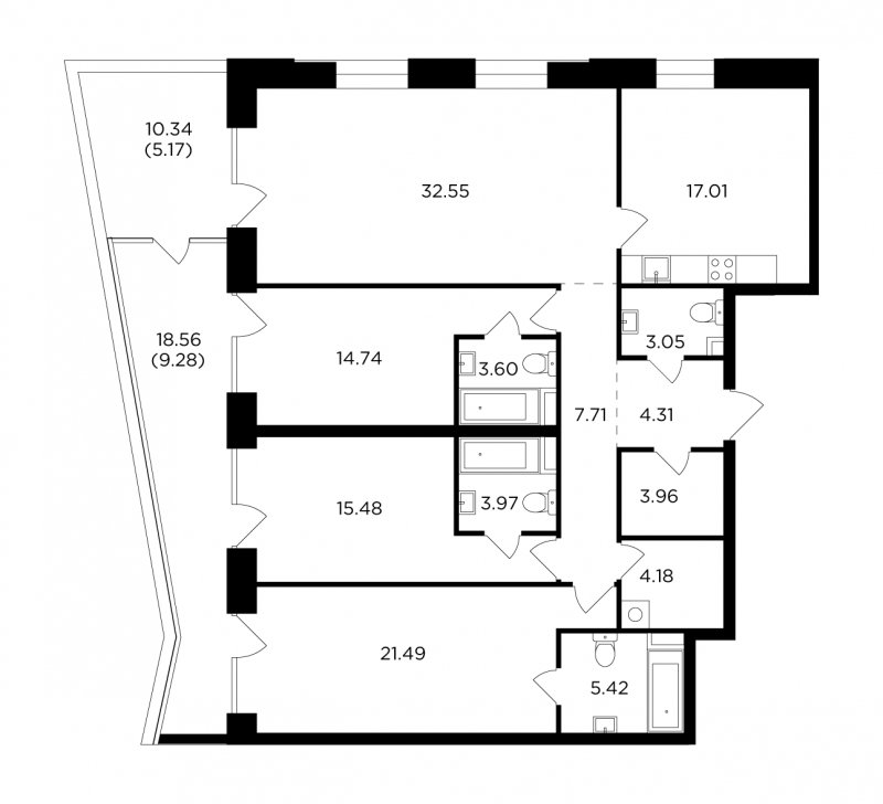 4-комнатная квартира без отделки, 151.92 м2, 13 этаж, сдача 4 квартал 2023 г., ЖК FORIVER, корпус 7 - объявление 1686015 - фото №1