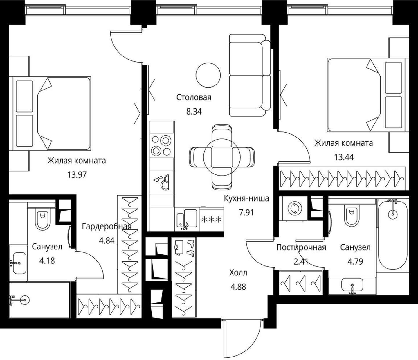 2-комнатная квартира с частичной отделкой, 64.76 м2, 23 этаж, сдача 3 квартал 2026 г., ЖК City Bay, корпус North Ocean 6 - объявление 2240549 - фото №1