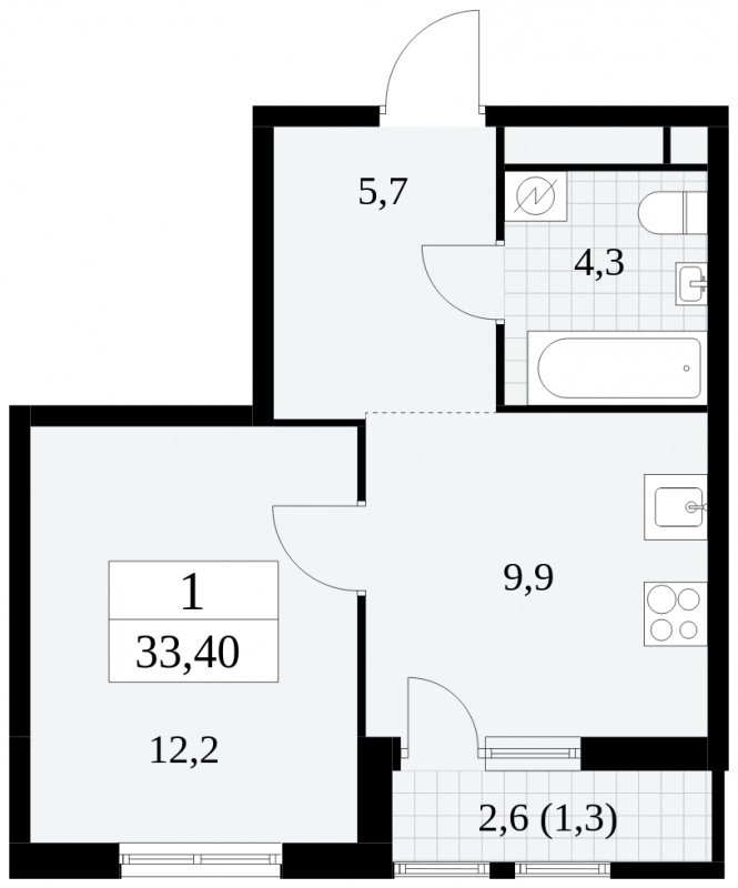 1-комнатная квартира с частичной отделкой, 33.4 м2, 4 этаж, сдача 2 квартал 2025 г., ЖК Южные сады, корпус 2.1 - объявление 1760101 - фото №1